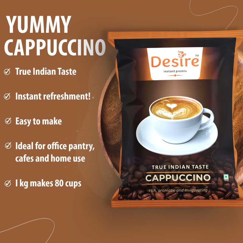 Desire Coffee Premix-Cappuccino Coffee Premix For Vending Machine, Coffee Powder Bag For Coffee Machine Or Manual Use-1 Kg Pack Serves 80 Cups-Just Add Hot Water & Enjoy - Image 3