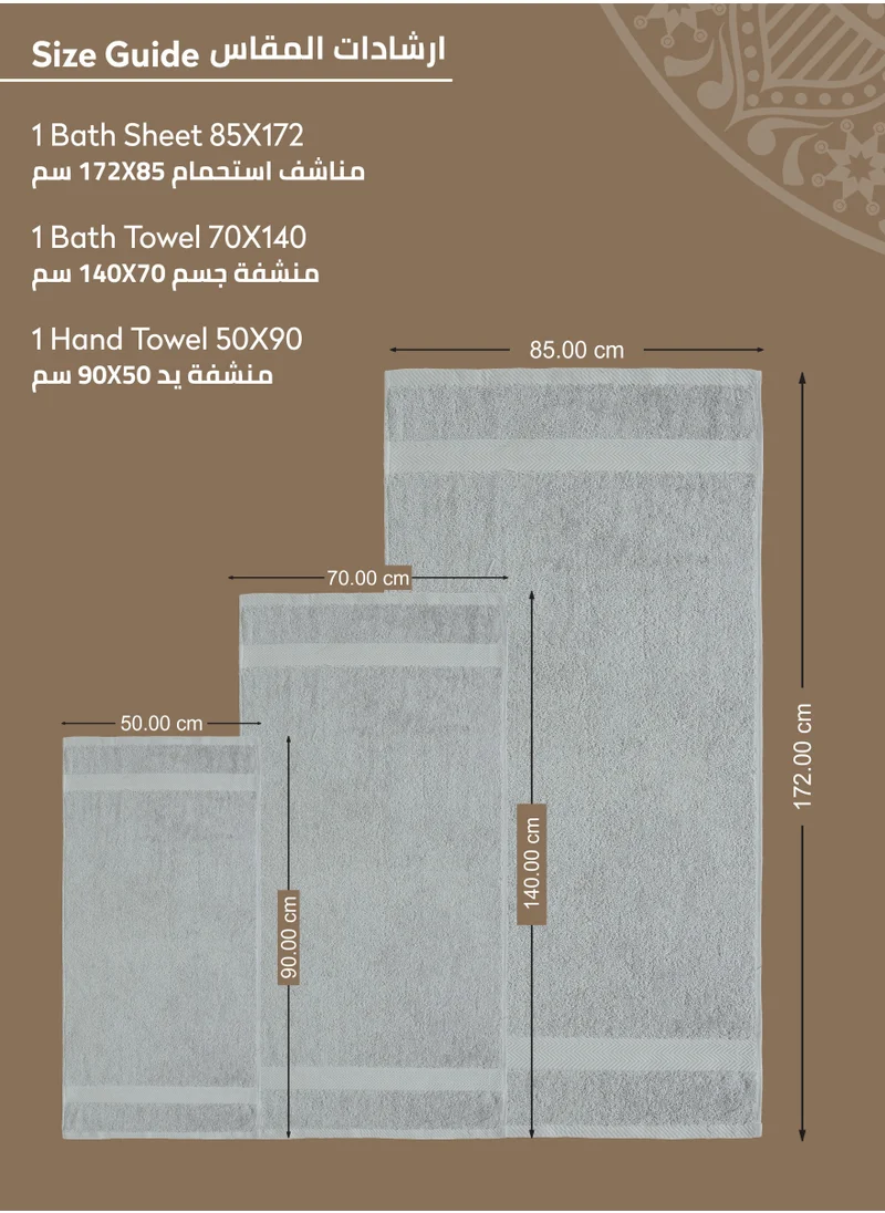 Donetella Premium Towel 3-Pcs Set, 100% Combed Cotton 600 GSM, Highly Absorbent, Quick Dry Towel Set Include 1 Bath Towel, 1 Bath Sheet, 1 Hand Towel, Best Set for Bathroom Gym, Hotel And Spa,Light Grey