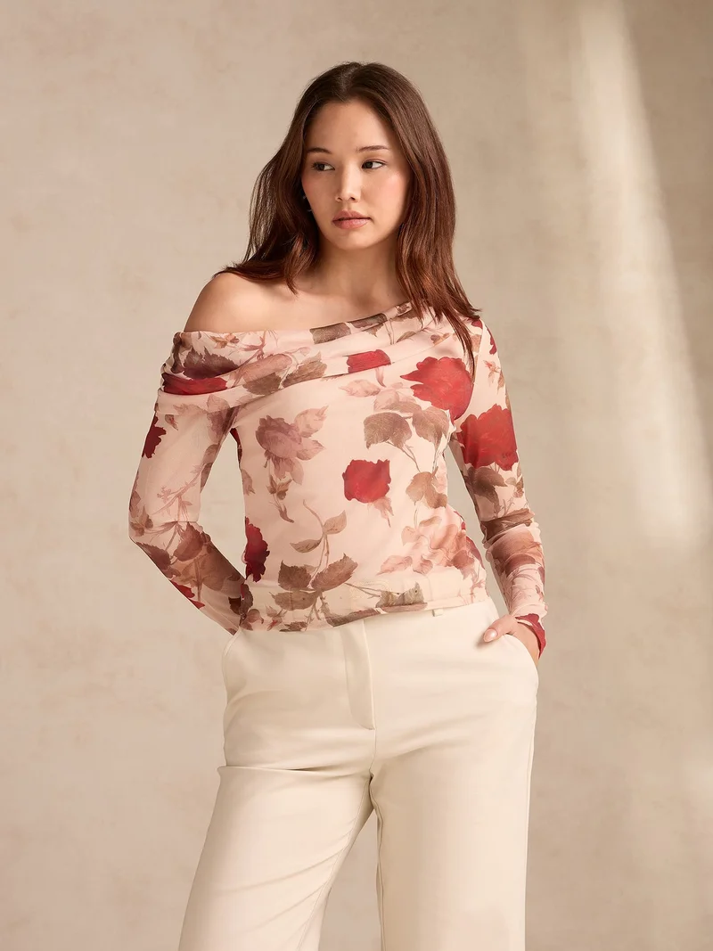 Outzidr  Beige Off-Shoulder Floral Mesh Top for Women | Best Price UAE