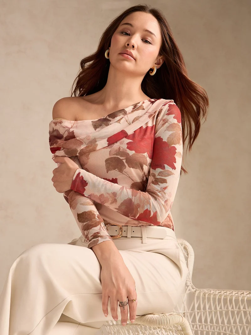 Outzidr  Beige Off-Shoulder Floral Mesh Top for Women | Best Price UAE