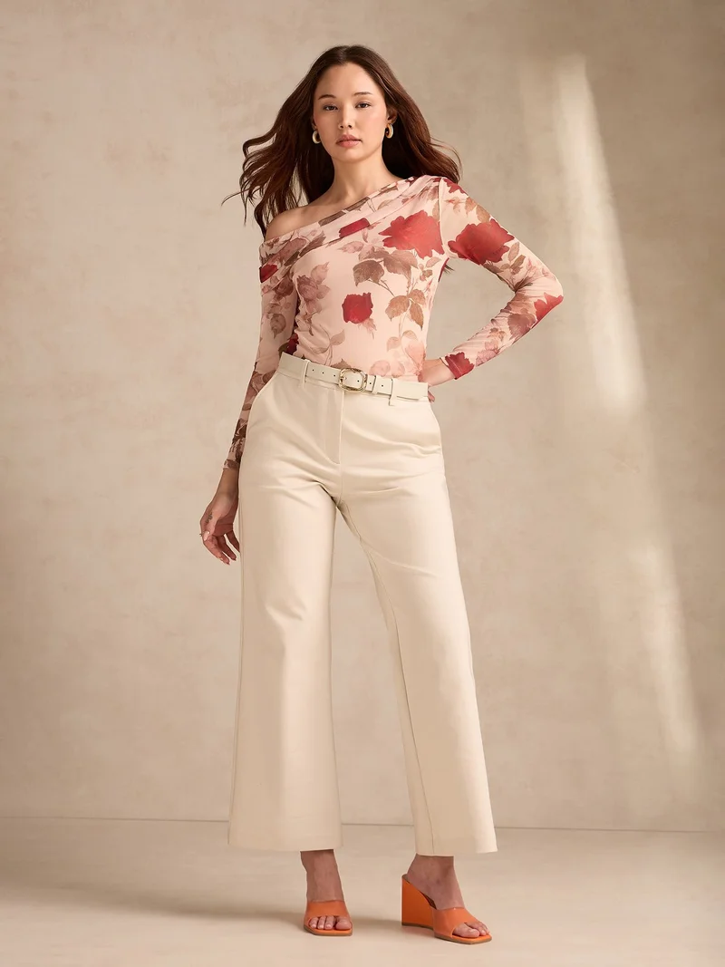 Outzidr  Beige Off-Shoulder Floral Mesh Top for Women | Best Price UAE