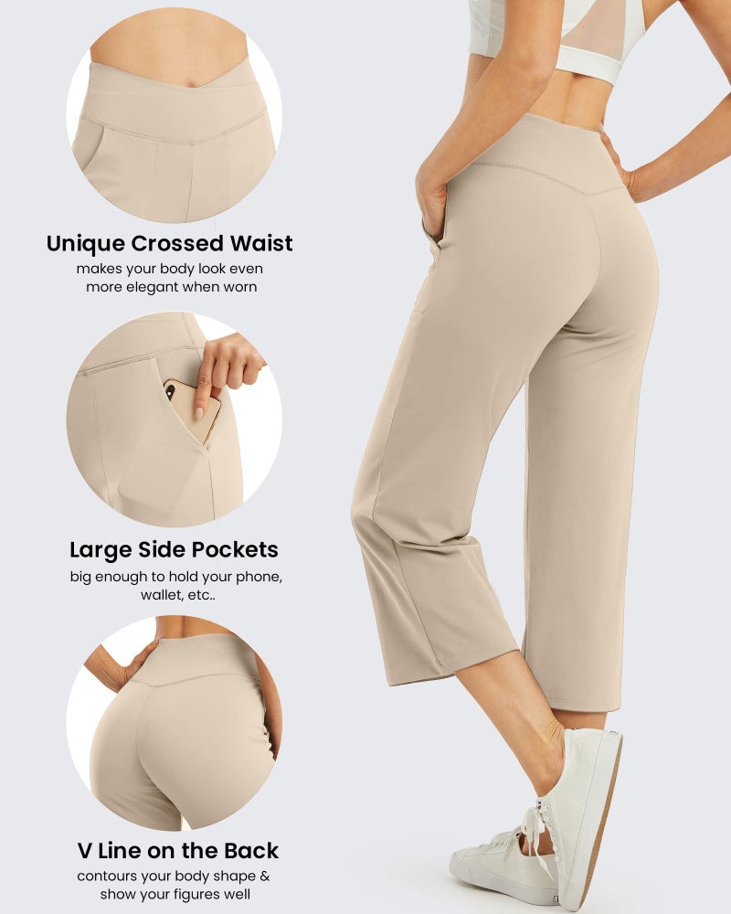 G4Free Yoga Pants Women High Waisted Capri Pants Wide Leg Sweatpants Stretchy Dress Crop Pants with Pockets for Travel Workout(Khaki,L,Tall) - Image 4