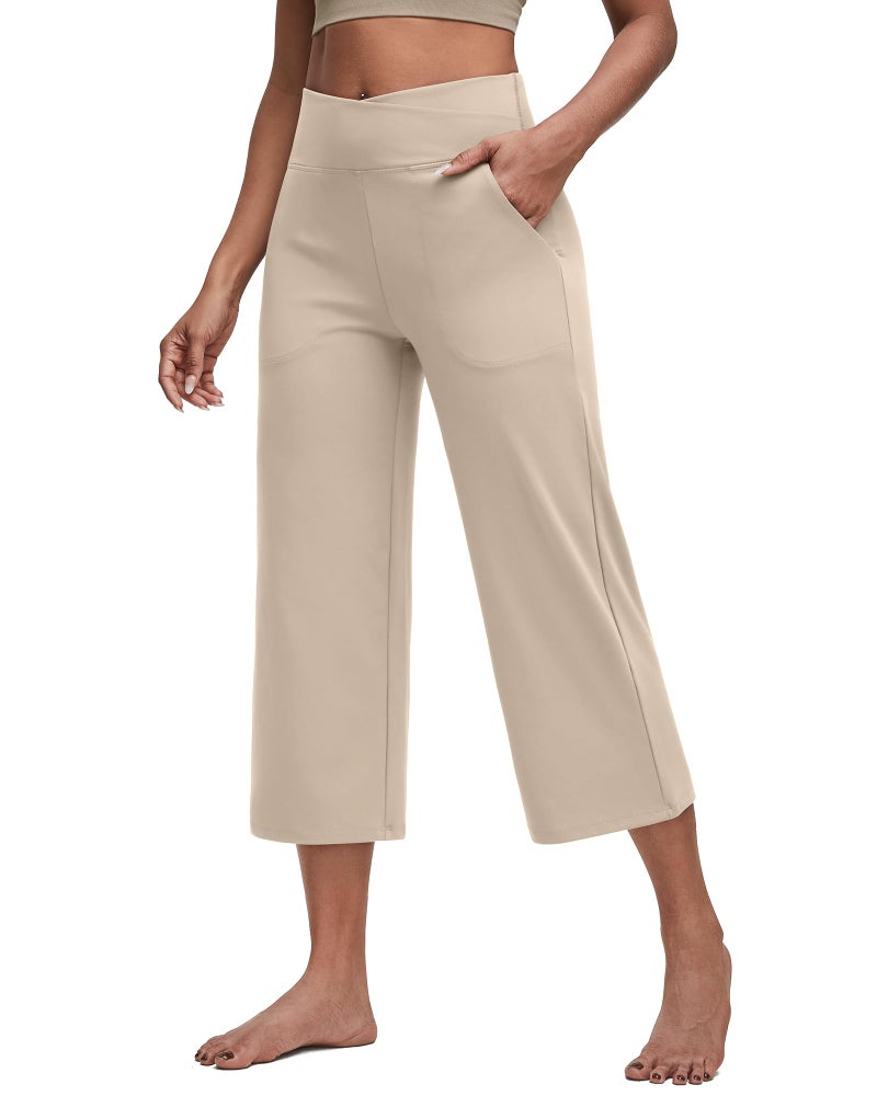 G4Free Yoga Pants Women High Waisted Capri Pants Wide Leg Sweatpants Stretchy Dress Crop Pants with Pockets for Travel Workout(Khaki,L,Tall) - Image 1