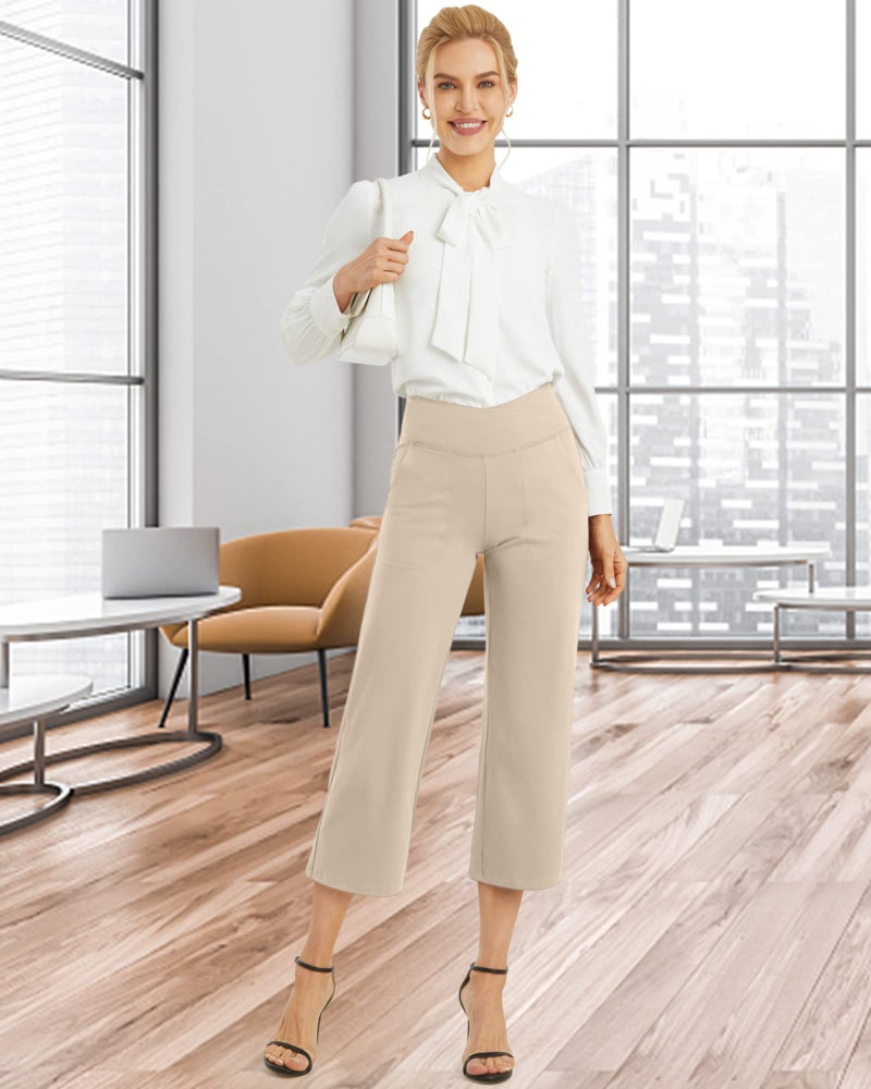 G4Free Yoga Pants Women High Waisted Capri Pants Wide Leg Sweatpants Stretchy Dress Crop Pants with Pockets for Travel Workout(Khaki,L,Tall) - Image 3