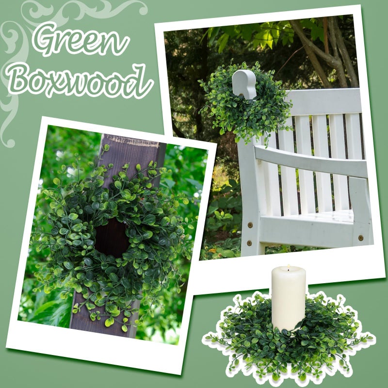 YLOLUL 4 Pcs Candle Rings Wreaths 3 Inch Wedding Candle Rings Pillars Candle Wreath Kitchen Cabinet Wreaths Mini Green Boxwood Candle Wreath for Wedding Party Decor - Image 5