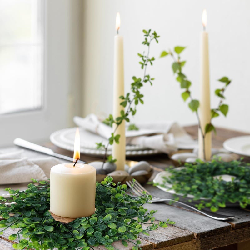 YLOLUL 4 Pcs Candle Rings Wreaths 3 Inch Wedding Candle Rings Pillars Candle Wreath Kitchen Cabinet Wreaths Mini Green Boxwood Candle Wreath for Wedding Party Decor - Image 4