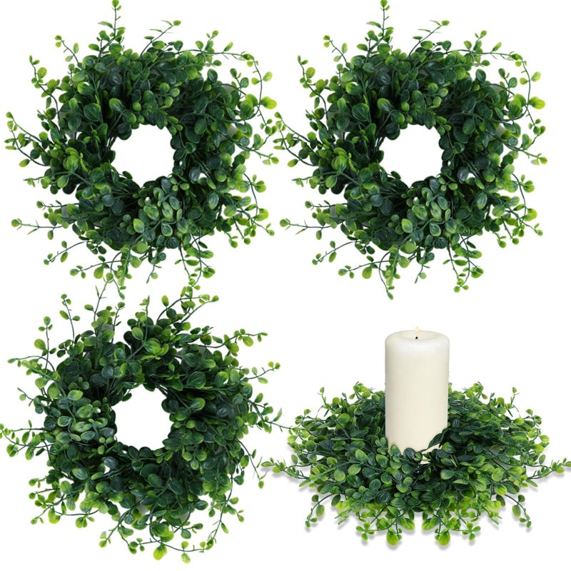 YLOLUL 4 Pcs Candle Rings Wreaths 3 Inch Wedding Candle Rings Pillars Candle Wreath Kitchen Cabinet Wreaths Mini Green Boxwood Candle Wreath for Wedding Party Decor - Image 1