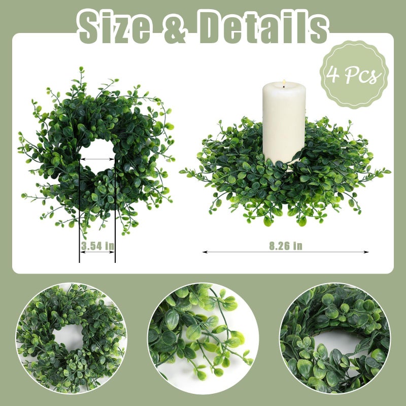 YLOLUL 4 Pcs Candle Rings Wreaths 3 Inch Wedding Candle Rings Pillars Candle Wreath Kitchen Cabinet Wreaths Mini Green Boxwood Candle Wreath for Wedding Party Decor - Image 3