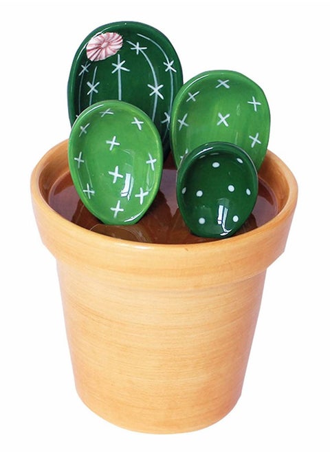 Measuring Spoons, Cactus Measuring Spoons Set, in Pot Ceramic Cute Small Cacti Measuring Spoons and Cups Green, for Baking, Salt, Sugar(Green）