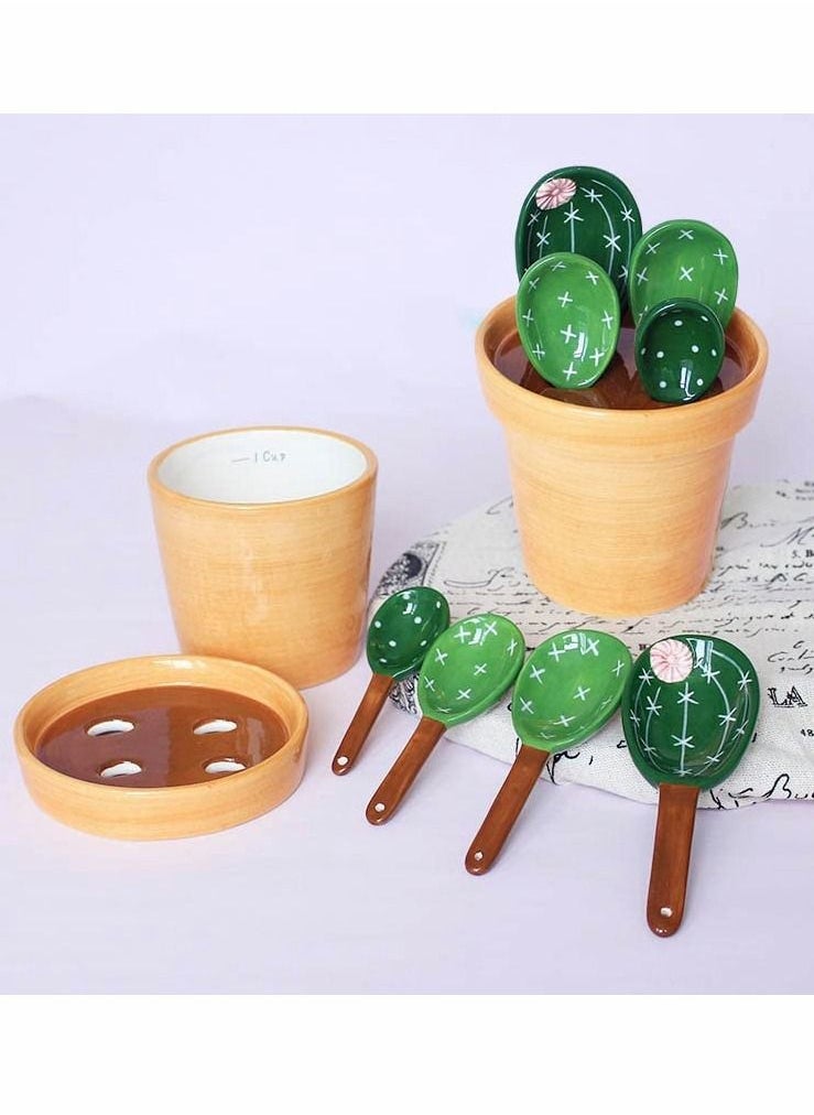 SYOSI - Measuring Spoons, Cactus Measuring Spoons Set, in Pot Ceramic Cute Small Cacti Measuring Spoons and Cups Green, for Baking, Salt, Sugar(Green） - Image 1