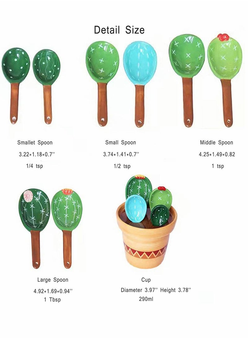 SYOSI - Measuring Spoons, Cactus Measuring Spoons Set, in Pot Ceramic Cute Small Cacti Measuring Spoons and Cups Green, for Baking, Salt, Sugar(Green） - Image 1