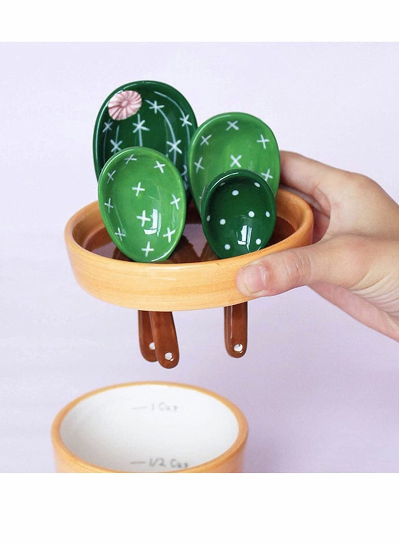SYOSI - Measuring Spoons, Cactus Measuring Spoons Set, in Pot Ceramic Cute Small Cacti Measuring Spoons and Cups Green, for Baking, Salt, Sugar(Green） - Image 1