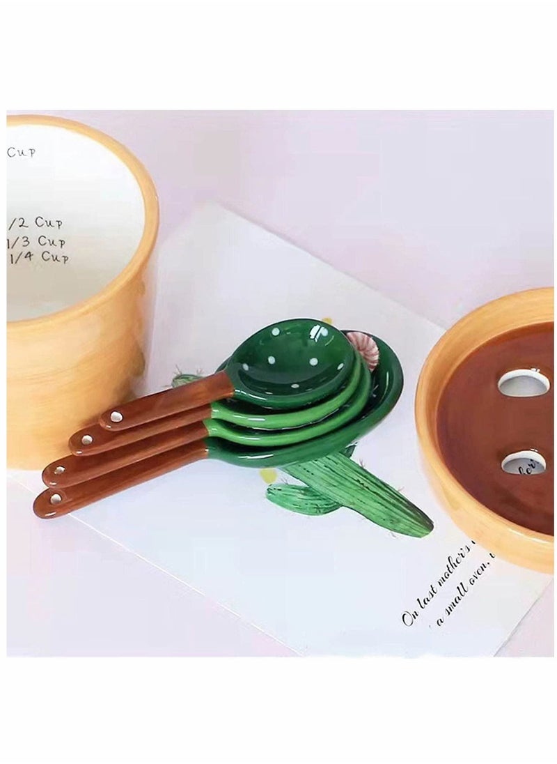 SYOSI - Measuring Spoons, Cactus Measuring Spoons Set, in Pot Ceramic Cute Small Cacti Measuring Spoons and Cups Green, for Baking, Salt, Sugar(Green） - Image 1