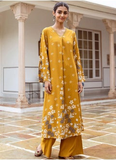 ISHIN Women's Mustard Rayon Printed Tunic Full Length Palazzo Straight Fit Kurta Set  - Image 5