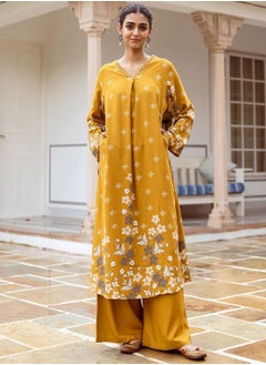 ISHIN Women's Mustard Rayon Printed Tunic Full Length Palazzo Straight Fit Kurta Set  - Image 1