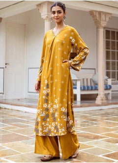 ISHIN Women's Mustard Rayon Printed Tunic Full Length Palazzo Straight Fit Kurta Set  - Image 3