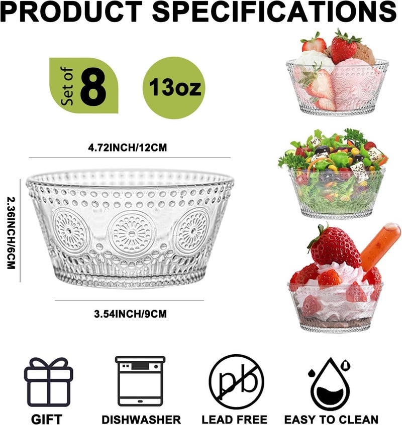 CHPINDAM Vintage glass dessert bowl ice cream bowl 13oz glass bowl for small dipping bowls Set of 4 ice cream sundaes oatmeal small fruit salad etc 8 - Image 2