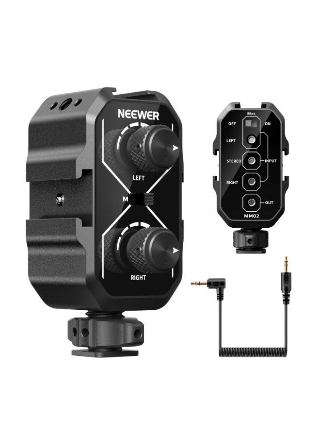 NEEWER MM02 Dual Channel Audio Mixer for Camera & Microphone, Cold Shoe Mount, 3.5mm TRS Input/Output, Mono/Stereo Switch, Compatible with Battery Powered Mics | Compact Dual Channel Audio Mixer - Image 1
