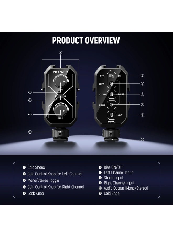 NEEWER MM02 Dual Channel Audio Mixer for Camera & Microphone, Cold Shoe Mount, 3.5mm TRS Input/Output, Mono/Stereo Switch, Compatible with Battery Powered Mics | Compact Dual Channel Audio Mixer - Image 3