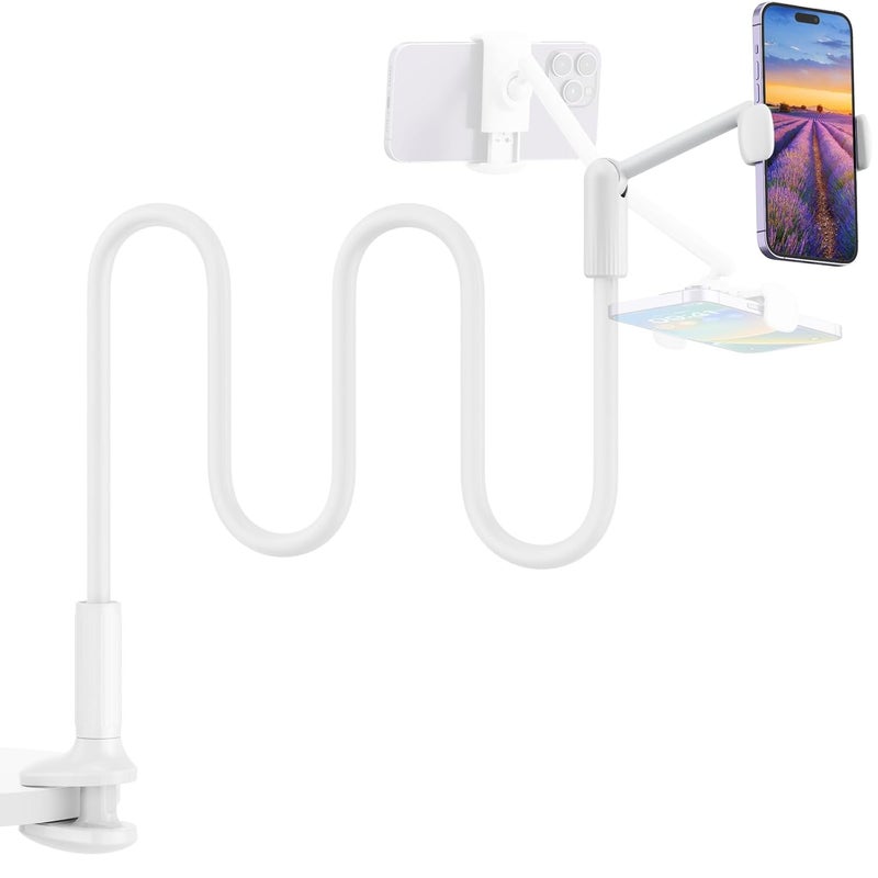 SAIJI Gooseneck Phone Holder for Bed, 360° Rotate Support Rod One-Hand Adjustable Cell Phone Holder, Flexible Long Arm Headboard Clip Clamp Cell Phone Stand, Compatible with All 4.7-7" Devices(White) - Image 1