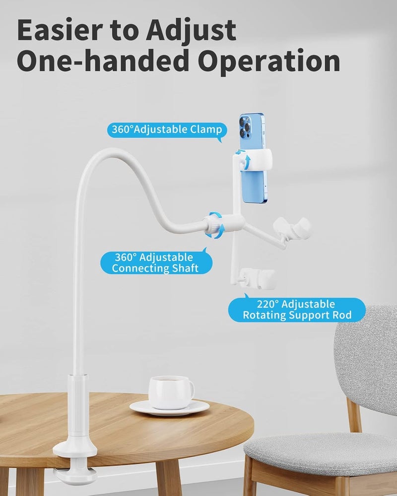SAIJI Gooseneck Phone Holder for Bed, 360° Rotate Support Rod One-Hand Adjustable Cell Phone Holder, Flexible Long Arm Headboard Clip Clamp Cell Phone Stand, Compatible with All 4.7-7" Devices(White) - Image 4