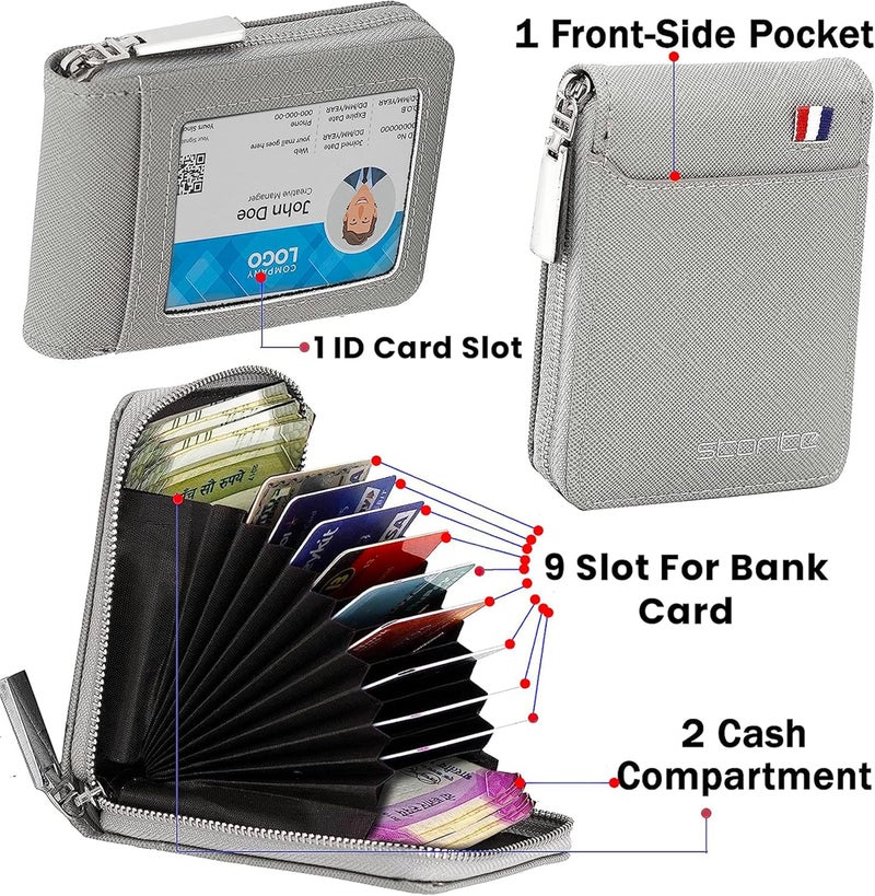 Storite PU Leather 9 Slot Vertical Credit Debit Card Holder Money Wallet Zipper Coin Purse for Men Women (Grey - 11.5 x 2 x 8 Cm) - Image 3