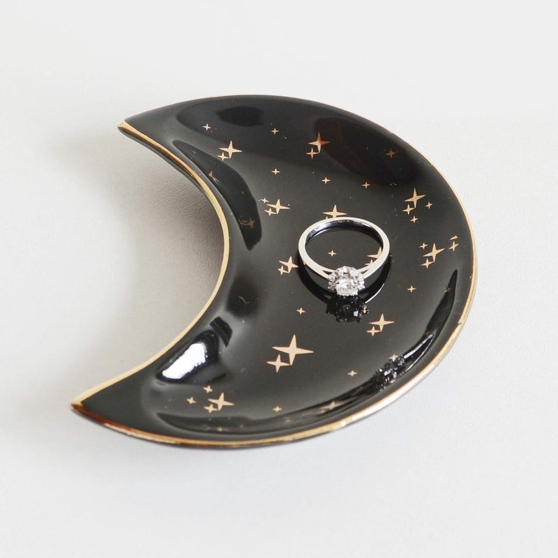 BIHOIB Small Moon Jewelry Dish Tray, Decorative Ceramic Trinket Dish, Modern Accent Tray for Vanity, Black - Image 1