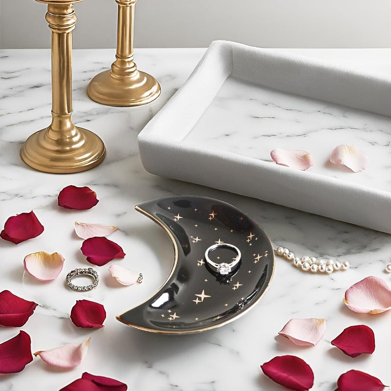 BIHOIB Small Moon Jewelry Dish Tray, Decorative Ceramic Trinket Dish, Modern Accent Tray for Vanity, Black - Image 2