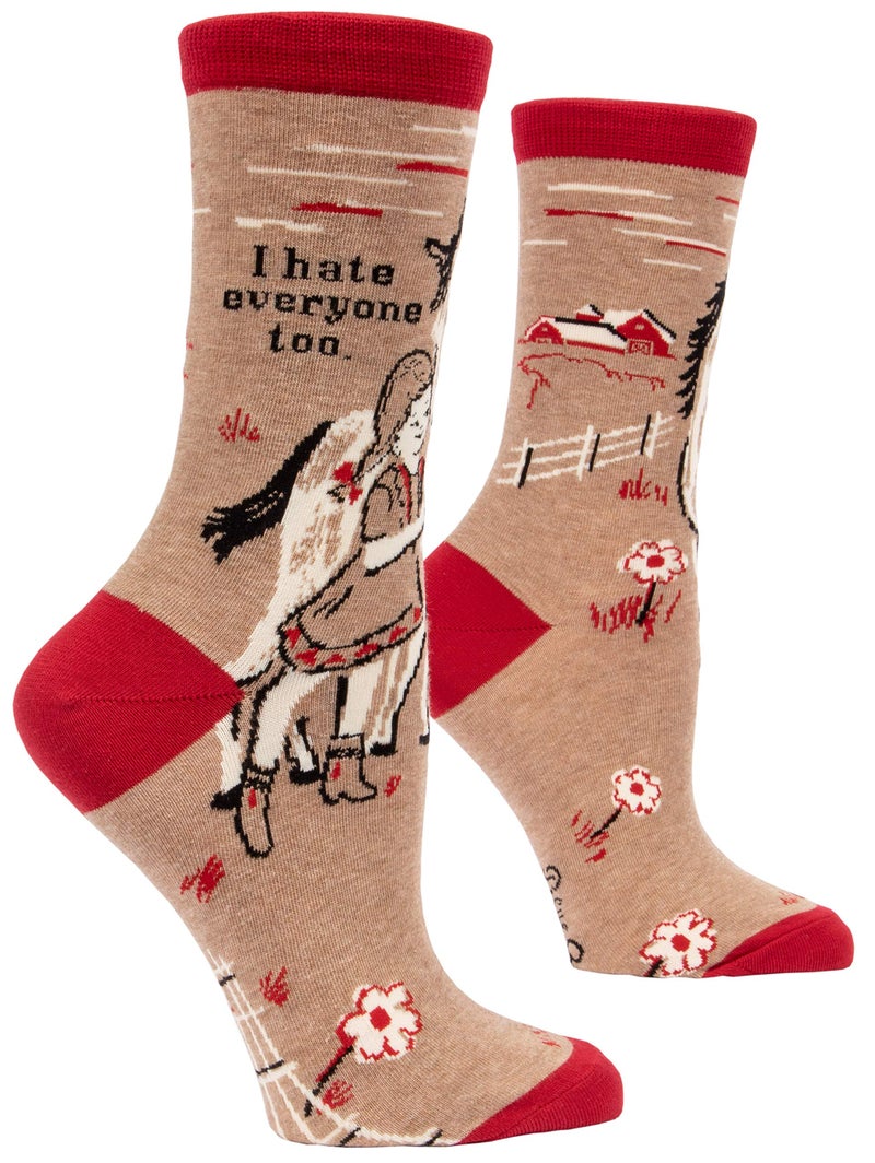 Blue Q Women's Funny Crew Socks – Colorful & Comfy Fit Novelty Gift for Women, Unique Finds, Crazy Graphic Design, Fun Wearable Gift, Fits Most Feet, Horse Lover Design, I Hate Everyone Too, Size 5-10 - Image 1