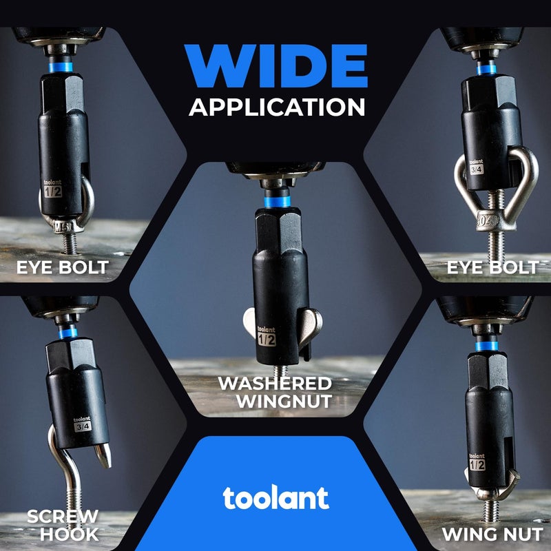 toolant 3PCS Wing Nut Driver Set, Includes Two 1/2" Sockets and One 1/4" Hex Extension, CR-V Driver for Wing Nuts, Eye Bolts & Hook Screws, Hurricane Shutters Ready, Anti-Rust - Image 2