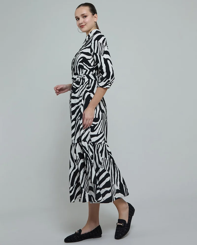 أر أند بي Patterned Shirt Dress with 3/4 Sleeves