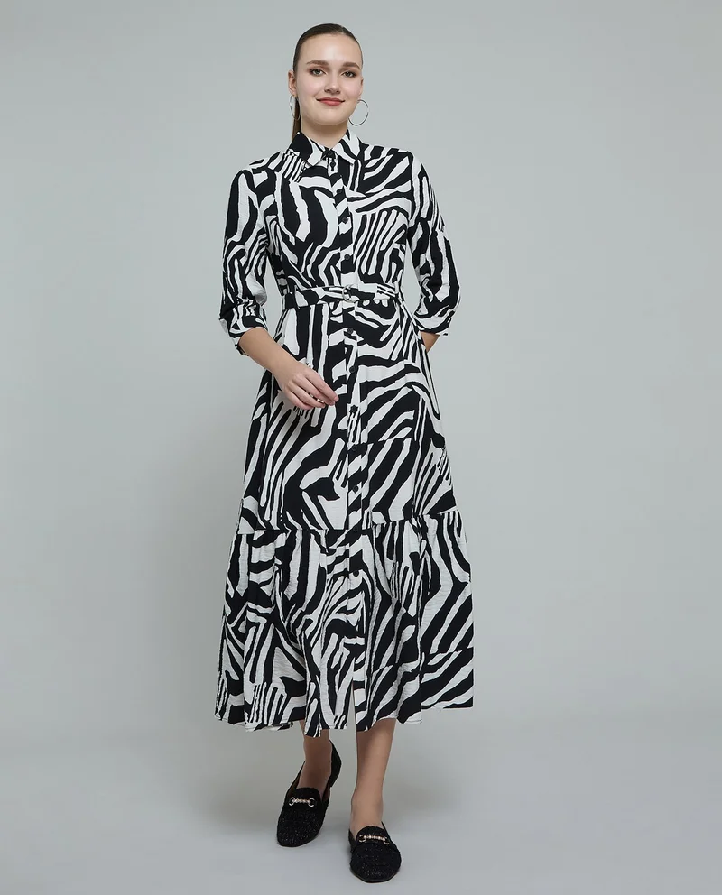 أر أند بي Patterned Shirt Dress with 3/4 Sleeves