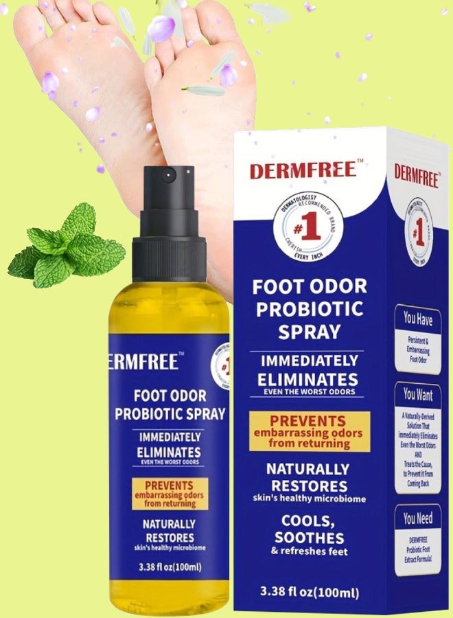 DERMFREE بخاخ بروبيوتيك لإزالة رائحة القدمين بسعة 100 مل، يزيل الرائحة الكريهة على الفور ويمنع عودتها، بخاخ مزيل رائحة القدمين والأحذية المنعش والمنعش مع زيت بذور الخروع ومزيل رائحة النعناع - Image 1