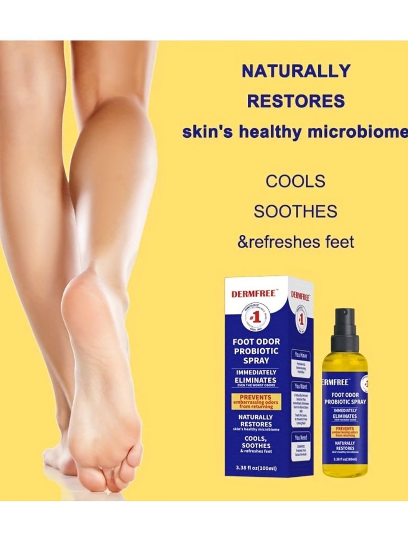 DERMFREE بخاخ بروبيوتيك لإزالة رائحة القدمين بسعة 100 مل، يزيل الرائحة الكريهة على الفور ويمنع عودتها، بخاخ مزيل رائحة القدمين والأحذية المنعش والمنعش مع زيت بذور الخروع ومزيل رائحة النعناع - Image 2