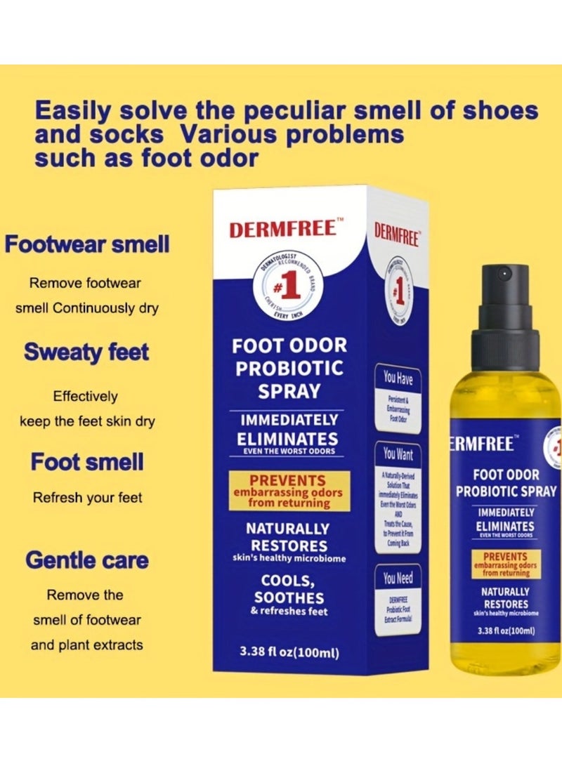 DERMFREE بخاخ بروبيوتيك لإزالة رائحة القدمين بسعة 100 مل، يزيل الرائحة الكريهة على الفور ويمنع عودتها، بخاخ مزيل رائحة القدمين والأحذية المنعش والمنعش مع زيت بذور الخروع ومزيل رائحة النعناع - Image 3