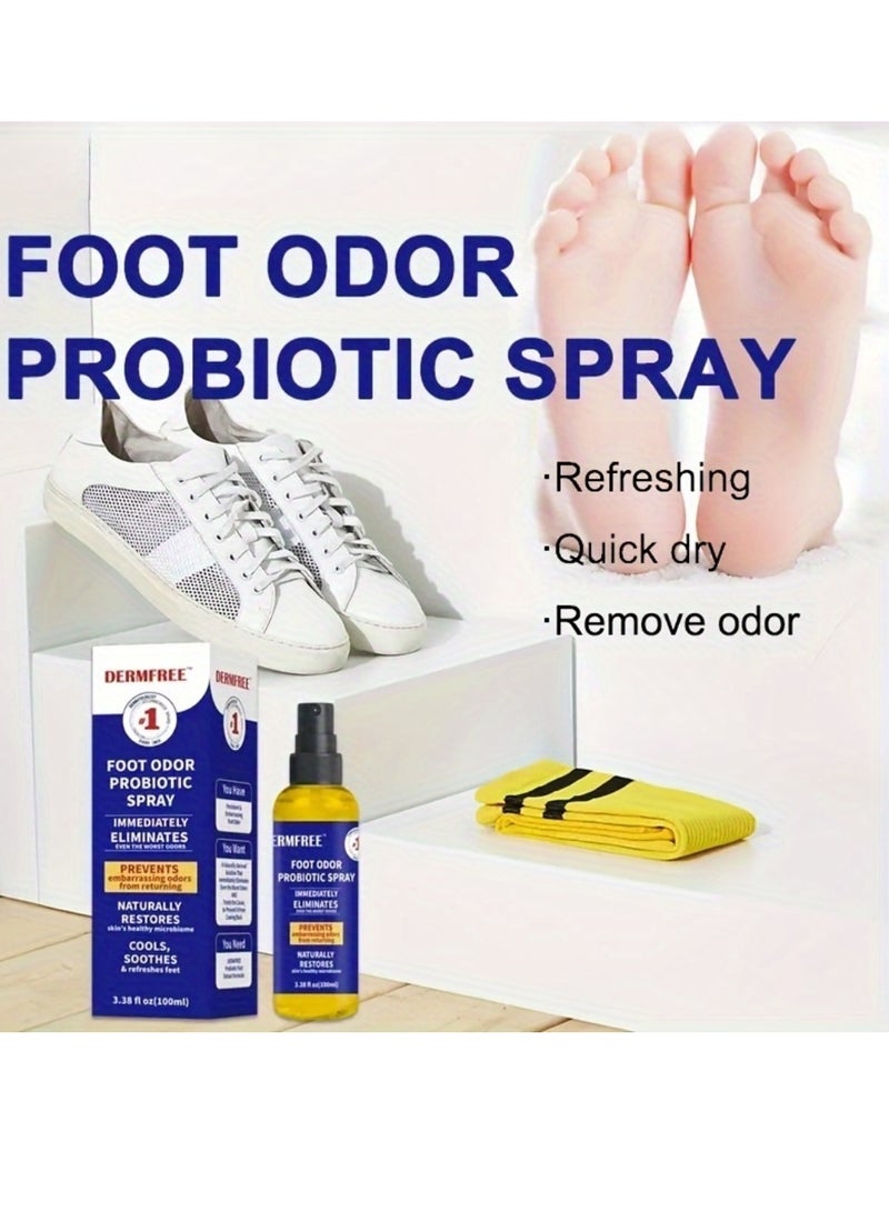 DERMFREE بخاخ بروبيوتيك لإزالة رائحة القدمين بسعة 100 مل، يزيل الرائحة الكريهة على الفور ويمنع عودتها، بخاخ مزيل رائحة القدمين والأحذية المنعش والمنعش مع زيت بذور الخروع ومزيل رائحة النعناع - Image 4