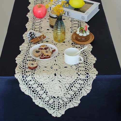 kilofly Handmade Crochet Cotton Lace Table Runner Tablecloth, 15 x 43 inch - Image 1