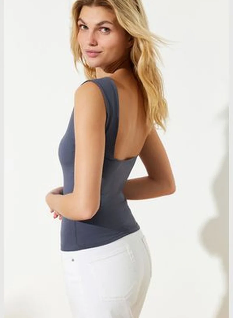 trendyol Light Anthracite Backless Fitted Regular Length Cotton Stretchy Knitted Blouse