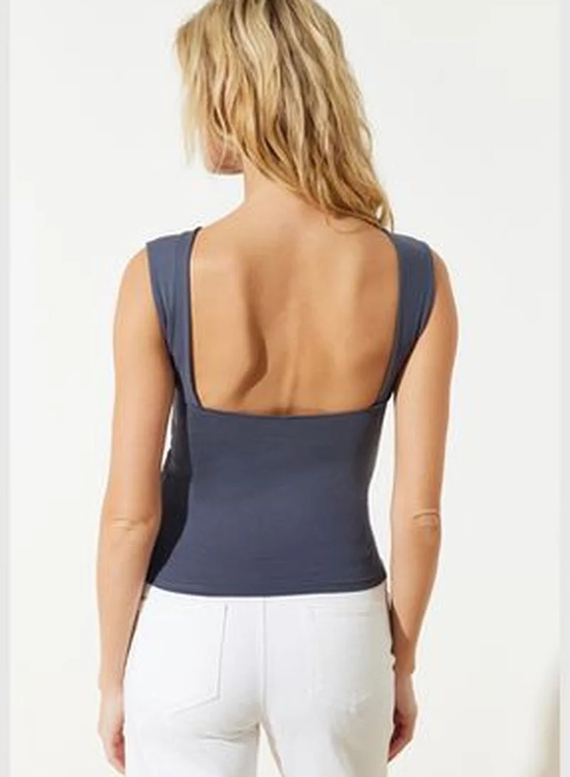 trendyol Light Anthracite Backless Fitted Regular Length Cotton Stretchy Knitted Blouse