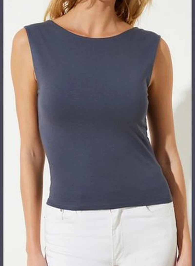 trendyol Light Anthracite Backless Fitted Regular Length Cotton Stretchy Knitted Blouse