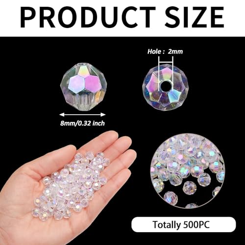 BONNY BOXX 500pcs 8mm Acrylic Faceted Round Crystal Beads Transparent AB Loose Spacer Craft Beads for DIY Bracelet Necklace Earring Keychain Jewelry Making Bags Decoration - Image 2