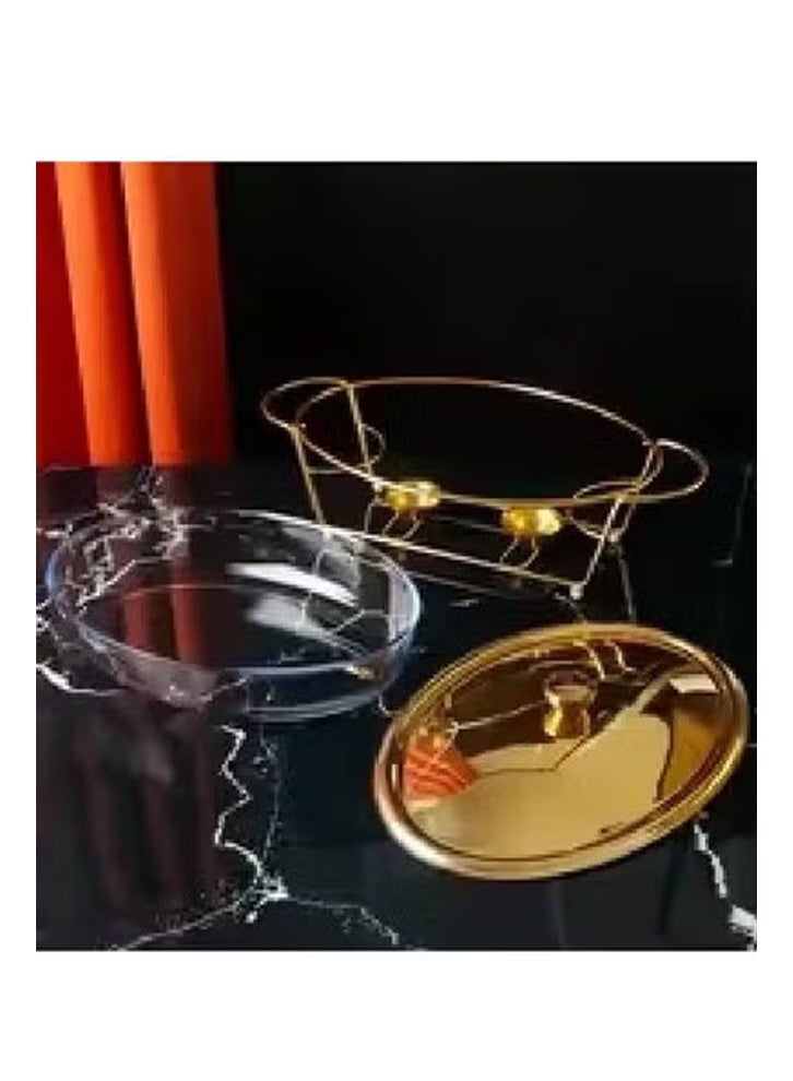 كيكي طبق تسخين بيضاوي زجاجي ذهبي سعة 3 لتر مع إطار من الفولاذ المقاوم للصدأ وموقدين يعملان بالوقود المزدوج - Image 2