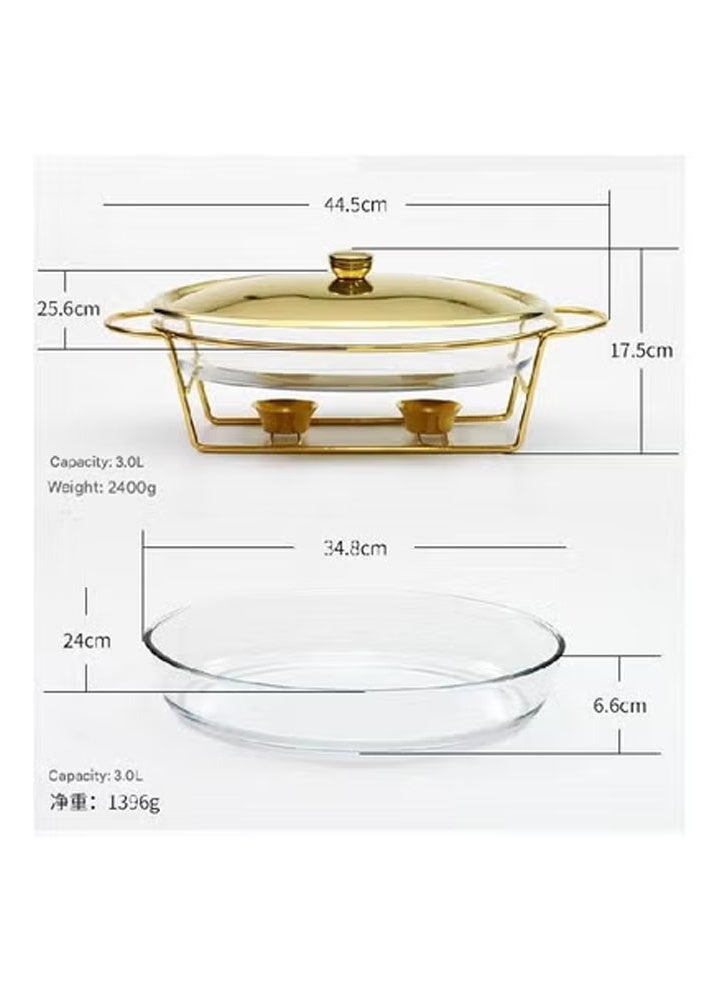 كيكي طبق تسخين بيضاوي زجاجي ذهبي سعة 3 لتر مع إطار من الفولاذ المقاوم للصدأ وموقدين يعملان بالوقود المزدوج - Image 4