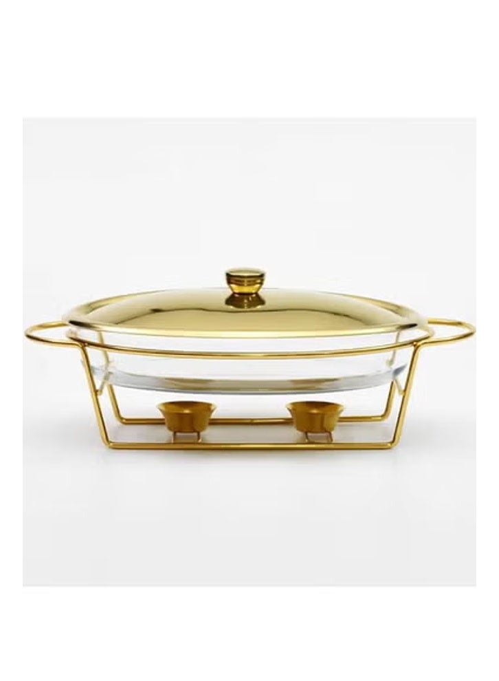 كيكي طبق تسخين بيضاوي زجاجي ذهبي سعة 3 لتر مع إطار من الفولاذ المقاوم للصدأ وموقدين يعملان بالوقود المزدوج - Image 1