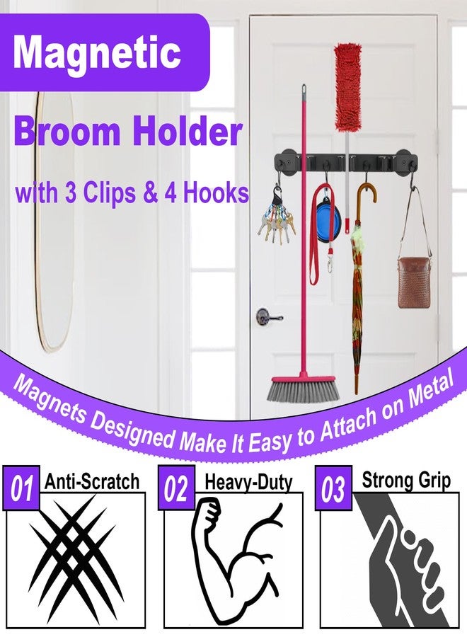 SKNOOY Black Magnetic Mop Broom Holder, Heavy Duty Magnetic Tool Hanger with 4 Hooks, Anti-Slip Design, Versatile Use for Kitchen, Laundry, Garage, Garden, Workshop - Image 4