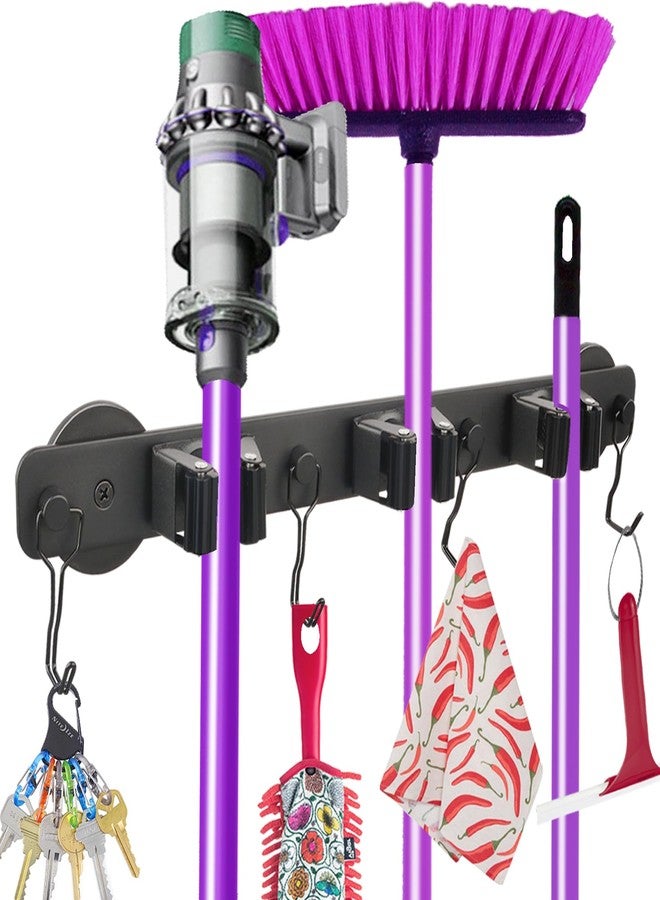 SKNOOY Black Magnetic Mop Broom Holder, Heavy Duty Magnetic Tool Hanger with 4 Hooks, Anti-Slip Design, Versatile Use for Kitchen, Laundry, Garage, Garden, Workshop - Image 1