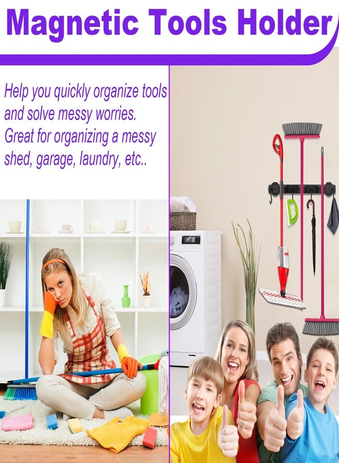 SKNOOY Black Magnetic Mop Broom Holder, Heavy Duty Magnetic Tool Hanger with 4 Hooks, Anti-Slip Design, Versatile Use for Kitchen, Laundry, Garage, Garden, Workshop - Image 2