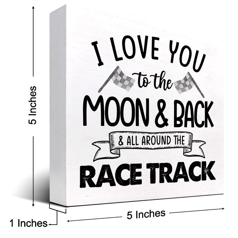 z-crange z-crange I Love You To The Moon And Back And All Around The Race Track Wood Box Sign Desk Decor Farmhouse Racing Checkered Flags Box Block Sign for Home Boys Room Shelf Table Decor Decorations - Image 2