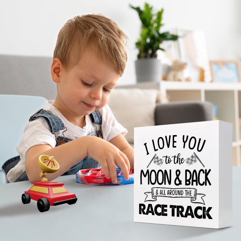 z-crange z-crange I Love You To The Moon And Back And All Around The Race Track Wood Box Sign Desk Decor Farmhouse Racing Checkered Flags Box Block Sign for Home Boys Room Shelf Table Decor Decorations - Image 5