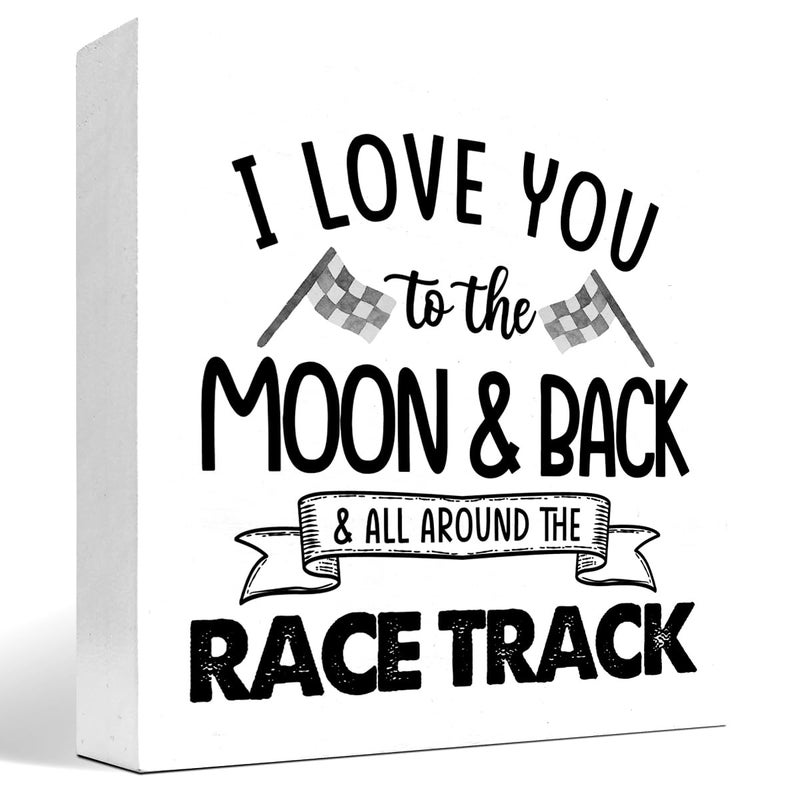 z-crange z-crange I Love You To The Moon And Back And All Around The Race Track Wood Box Sign Desk Decor Farmhouse Racing Checkered Flags Box Block Sign for Home Boys Room Shelf Table Decor Decorations - Image 1
